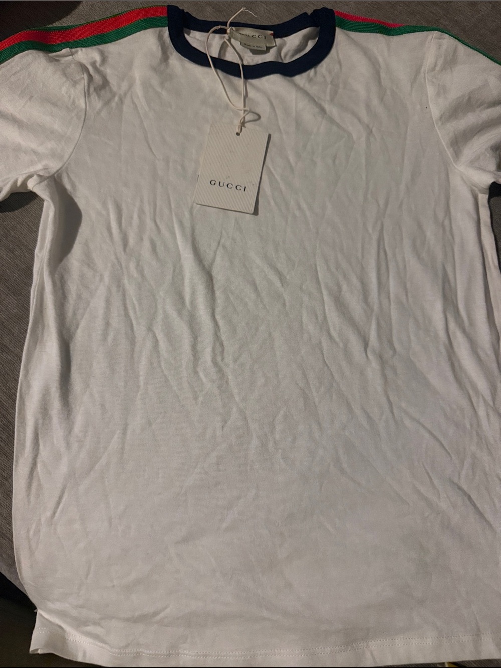 Gucci White Short-Sleeve Tee with Green & Red Shoulder Stripes